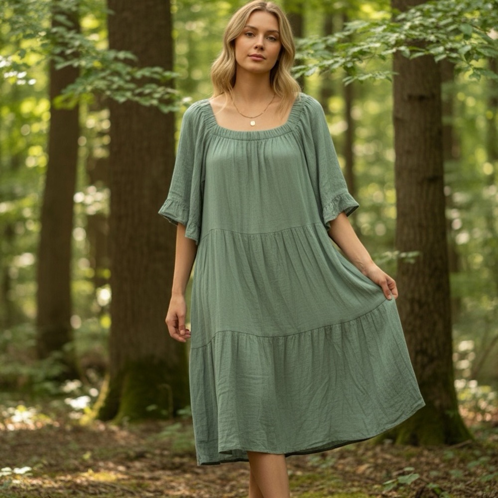 Naïf Sage Green Square Neck Frill Trim Elbow Length Sleeve A-Line Midi XLarge
